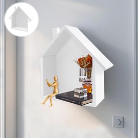 Erzekrim Wooden House Shelf Gnome House Decoration Nostalgic Wall Decoration Shelf Display Cabinet with Small Wooden House Wooden Frame House Minimalist for Living Room Office (White)