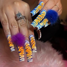 Threelegscat Long Press on Nails Square Fake Nails Curved Nails Extra Long Nails Press Ons Ombre Glue on Nails with Tiger Stripes Designs