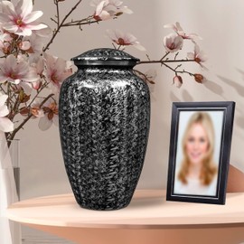 Cremation Urn for Ashes - Adult Funeral Urn Handcrafted - Affordable Urn for Ashes - Large Funeral Memorial with Elegant Finish for Cemetery Burial - Black/Silver