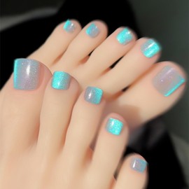 KKUUOO Square Press on Toenails Blue Cat Eye Toe Nails Short Acrylic Toe Nails with Glitter Designs Full Cover Glossy Stick on Toenails Reusable Artificial Toenails for Women and Girls 24Pcs