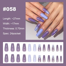 【NEW ARRIVALS!】 Press on Nails French Tip Bling Coffin Short Almond Fake Nails with Designs Glue on Nails Long Glossy Gradient Medium False Nails Reusable Full Cover Thick Nail Acrylic Stick on Nails for Women Girls 24 Pcs:_058