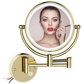 RECKODOR Wall Mount Makeup Mirror with Lights and Magnification, 1X and 5X Lighted Magnified Mirror for Bathroom, 8-inch Small Gold Mirrors for Wall, Brass Extension Arm, Touch Dimming, Hardwired
