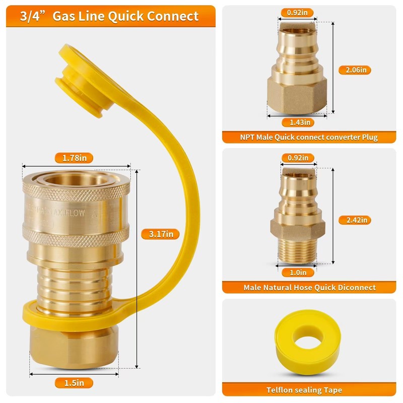 3/4'' Natural Gas Quick Connect Fittings - 4 PCS Solid