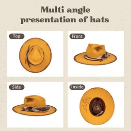 RUEDIGER Retro Wide Brimmed Stiff Fedora Men's and Women's Hats,100% Wool Classic Felt Hat,Distressed/Burned Handmade (US, Numeric, 7 3/8, Yellowish-Brown)