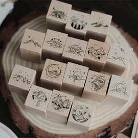 Mantouxixi 16Pcs Vintage Wooden Rubber Stamps Set, Wood Mounted Rubber Stamps for Arts and Crafts, Bullet Journals, Card Making, Scrapbooking Scrapbooks, Envelope, Diary & Tags - Mountain & Sea