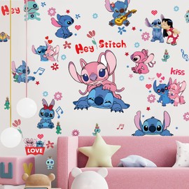 Stitch Wall Stickers for Kids, Cartoon Character Stitch&Angel Stickers for Children Room, DIY Removable Stickers for Baby Kids Nursery Girls Bedroom Living Room Playroom Wall Decoration (Stitch&Angel)