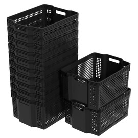 Gainhope 12 Pack Deep Plastic Storage Baskets, 14.37" x 10.70" x 7.12" Large Stackable Organizer Bins with Handles, Black