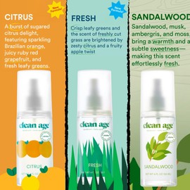 CLEAN AGE - Aluminum Free Deodorant & Body Spray for Whole Body - 3 Pack 4oz ea - Citrus, Fresh and Sandalwood - Clean Deodorant and Body Spray for Teen Boys and Girls - With AHA Fights Body Acne