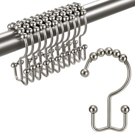 TENOVEL Never Rust 304 Stainless Steel Shower Rings, Rustproof Shower Curtain Hooks,Heavy Duty Roller Double Glide Shower Curtain Hooks for Bathroom Shower Liners, Brushed Nickel,Set of 12 Hooks