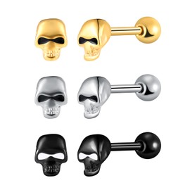 Yumilok 3 Pairs Stainless Steel Punk Earrings Black for Men Women Men Earrings Skull Goth Jewellery Piercing Hoop Earrings Set, Stainless Steel