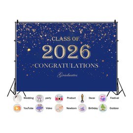 Class of 2026 Graduation Backdrop, Navy Blue and Gold Congratulations Photography Background, 2026 Grad Prom Sparkling Glitter Party Decorations Photo Banner Props 7X5ft Fabric