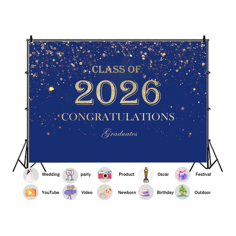 Class of 2026 Graduation Backdrop, Navy Blue and Gold Congratulations