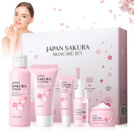 UOY Sakura Face Care Set for Girls and Women, 5 Pieces Sakura Skin Care Set Cleansing & Moisturising for Face, Day Cream and Night Cream Skincare Set
