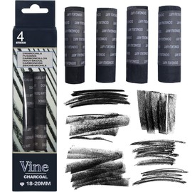 Dlicoda Vine Charcoal Sticks, 18-20 MM Jumbo Vine Charcoal Pencils for Artists, Beginners, 4 Pcs Natural Charcoal Stick for Sketching, Drawing, and Shading