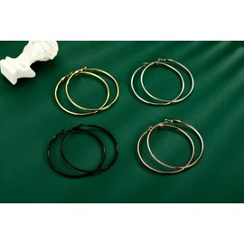 4 Pairs of Large Hoop Earrings for Women, Hypoallergenic Hoop Earrings, Silver Plated, 14K Gold/Silver/Rose Gold/Black Gold Plated Earrings Sets, Stainless Steel, No Gemstone