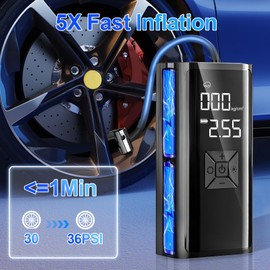 Gonfleur Pneus Voiture Sans Fil, Compresseur à Air Portatif, Mini Compresseur 150 PSI 12 V DC, Compresseur with Affichage Numérique Lumière LED and Port C USB for Pneus de Voiture, Moto, Velo etc