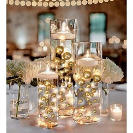 300 Floating Gold Pearls- Fills 4 Gallons of The Floating Transparent Water Gels for Your Vases- with Pre-Measured Prep Bags- 12 Warm White Fully Submersible Fairy Lights