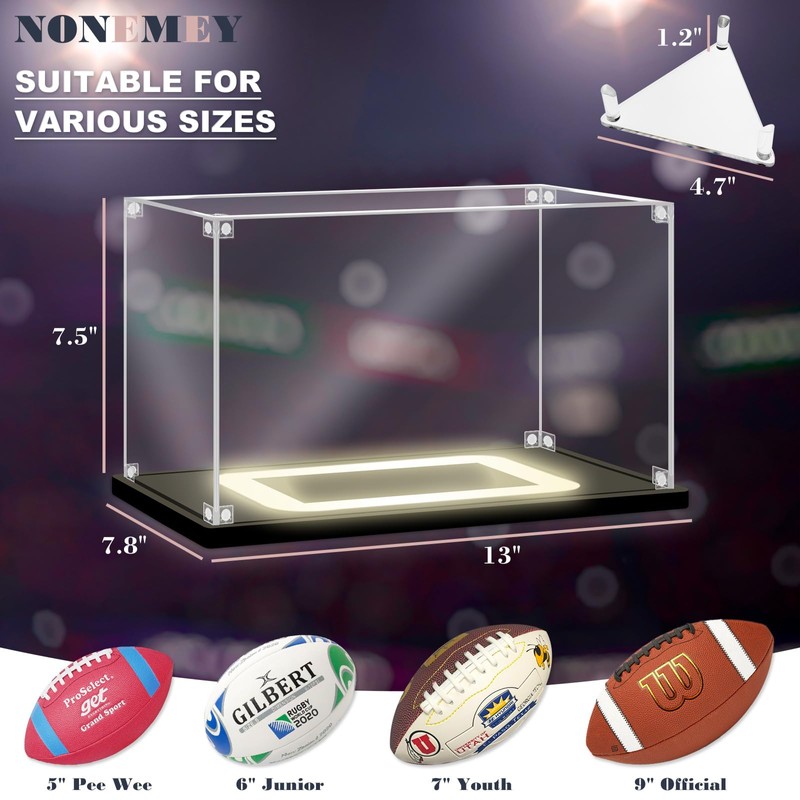 NONEMEY Football Display Case with Light, UV Protected Acrylic Football