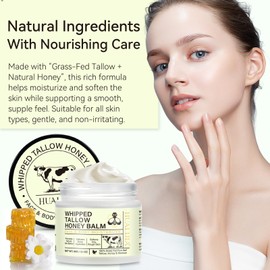 Organic Beef Tallow for Skin, Tallow Face Moisturizer, Tallow and Honey Balm, Grass-Fed Whipped Beef Tallow and Honey Cream, Deeply Moisturizing for Face & Body, Suitable for Dry & Aging Skin, 60g