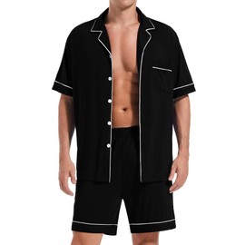 Guriyzee Men's Pajama Set Short Sleeve 2 PCS Sleepwear Classic Button Down Soft Loungewear Modal Set Pj Set with Pockets Black