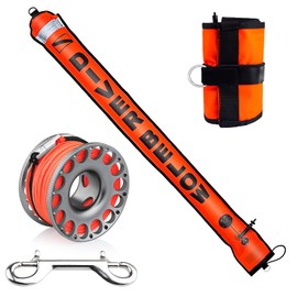 5ft Red Scuba Diving Open Bottom Surface Marker Buoy (SMB) with 98ft Finger Spool Alloy Dive Reel and Double Ended Bolt Clip - Gray