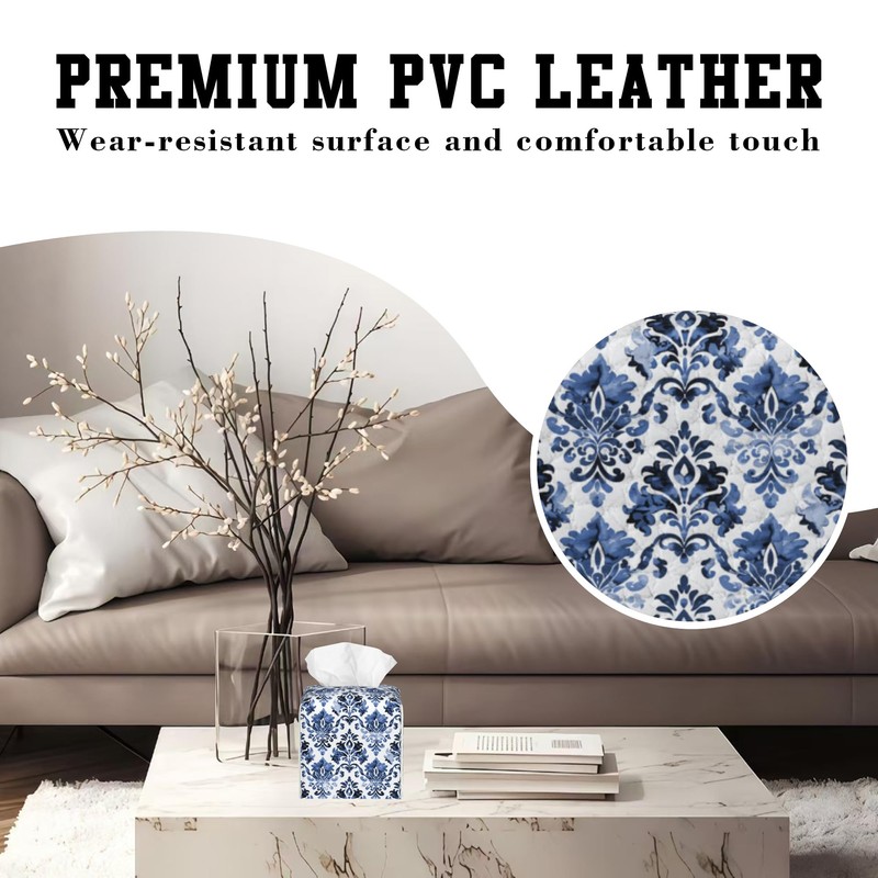 OHEGBXE Blue Damask Flower Tissue Box Cover Square, Tissue Box