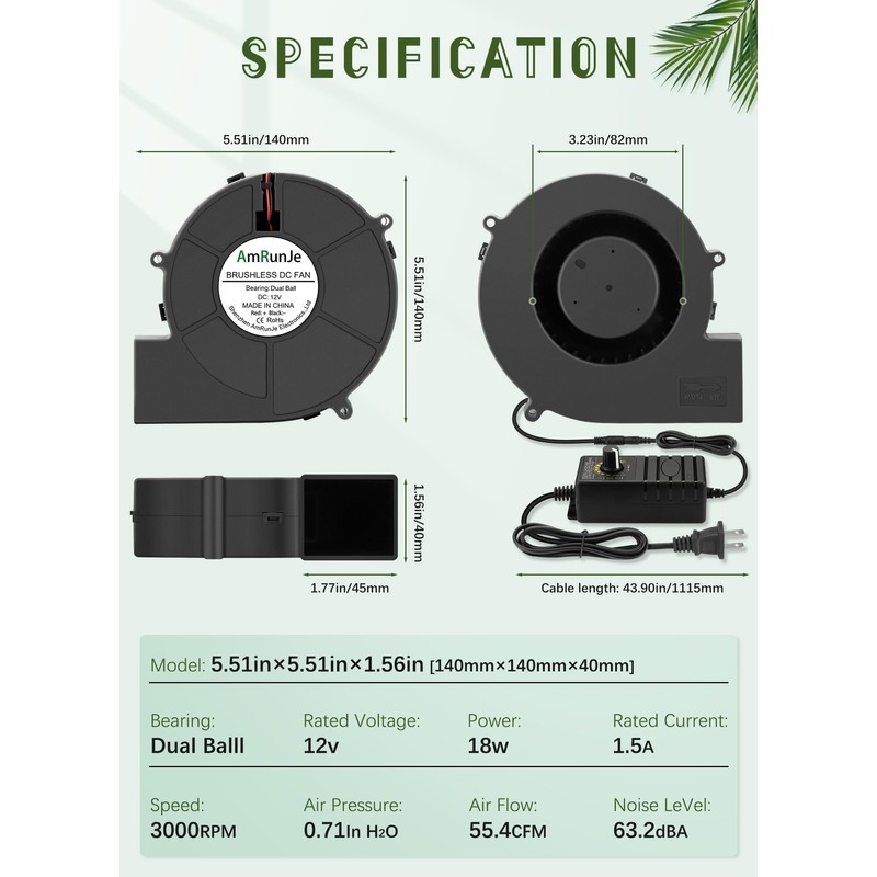 AmRunJe 140mm x 40mm Blower Fan with AC 110v 120v