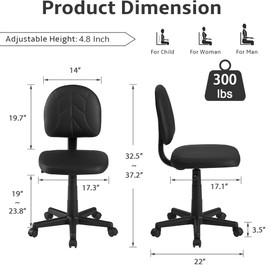 VECELO Small Desk Chair Set of 2, Low-Backrest Armless Office Chairs, with PU Leather Adjustable Height 360°Quiet Swivels for Home Office,Black
