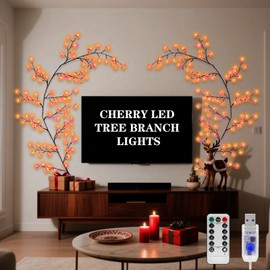Hmdkepf Cherry LED Tree Branch Lights for Wall, 48/144 LED Cherry Blossom Wall Lights with Remote and 8 Lighting Modes, for Bedroom Wall Doors Windows Wedding Christmas (90.5 in 144LED)