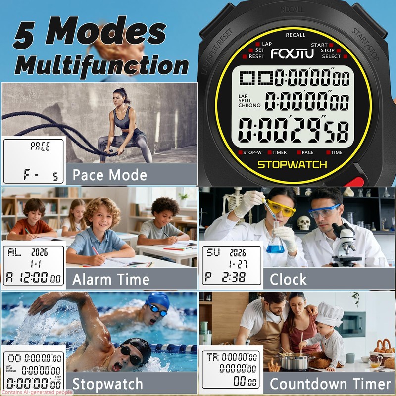FCXJTU Sports Stopwatch Timer, 10Lap/Split Memory Digital Stop Watch Black
