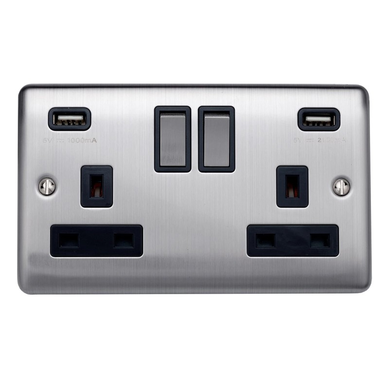 Caradok 2 Gang Double Pole switched socket with USB sockets