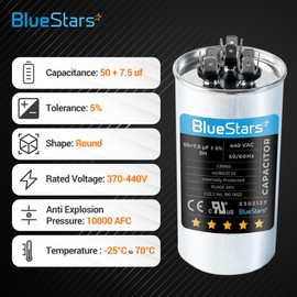 BlueStars 50+7.5 uf MFD ±5% 370 or 440 Volt AC CBB65B Dual Run Round Capacitor - Exact Fit for Condenser Straight Cool or Heat Pump Air Conditioner - Replaces PW-CAP-50/7.5/440R, P291-5074RS,