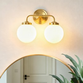 MonDaufie 2-Light Brushed Brass Vanity Light Fixture, Mid Century Wall Sconce with Milky White Spherical Globe Glass Lampshades, Decorative Mirror Front Wall Lamp for Bathroom & Dressing Table
