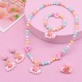 Children's Jewellery Set, Girls' Pearl Necklace Set, Unicorn Necklace, Children's Pearl Bracelet, Rainbow Earrings Ring, Princess Jewellery Set, Gift for Children, Girls, Party Bag (Pink)