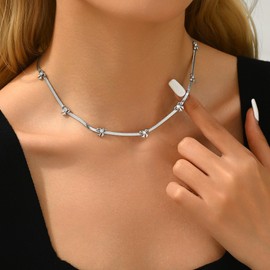 JotCa Gold Necklace for Women, 18K Dainty Gold Bow Tie Necklace Tiny CZ Bow Herringbone Chain Necklace Trendy Necklaces for Women Gold Jewelry