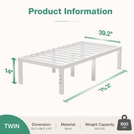 Novilla Twin Bed Frame, 14 Inch Metal Platform Bed Frame Twin Size with Storage Space Under Bed, Heavy Duty Steel Slat Support, Easy Assembly, No Box Spring Needed, White