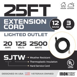 Iron Forge Cable 25 Ft Extension Cord - Nema 5-20 Extension Cord, 5-20P to 5-20R Lighted Black SJTW 12 Gauge Electric Cable, 20 Amp Heavy Duty Extension Cord - Great for Power Tools, Space Heaters