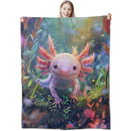 CUEBOS Cute Axolotl Flannel Throw Blanket 50x60 Inch, Whimsical Pink Animal in Magical Forest Blankets Soft Cozy Fleece Throws for Nature Lover Bed Sofa Dorm Living Room Home Decor Gifts