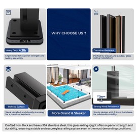 Double-Sided Glass Railing Spigot by LukLoy, Heavy Duty 4.3LB Wind-Resistant SS304 Glass Railing System for Home Garden Stairs Balustrade Balcony(2 Pack, Black Corner Spigot)