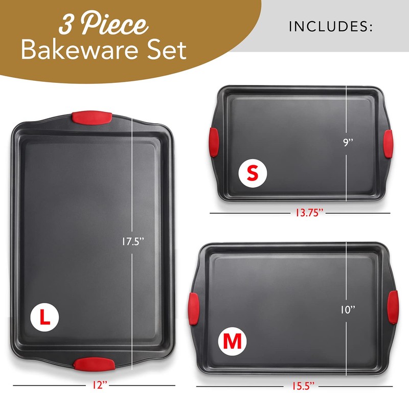 Baking Sheet Set, 3-Piece Cookie Sheet Set with Silicone Handles,