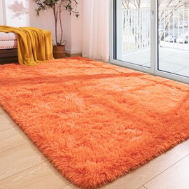 Softlife Area Rug for Bedroom, 4x6 Feet Plush Fluffy Rug for Living Room, Orange Shag Rug for Aesthetic Room Decor, Ultra Soft Modern Fuzzy Faux Fur Carpet for Kids Nursery Room Dorm