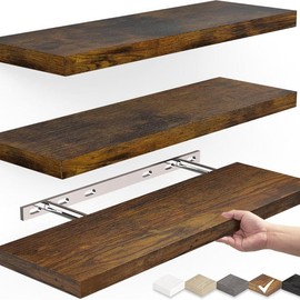 Set of 3 Floating Wall Shelves in Black - Rustic Wood Shelves for Bathroom, Bedroom, Living Room, and Kitchen. Wooden - Color: Rustic Brown