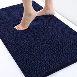 OLANLY Luxury Chenille Bath Mat，Extra Soft Fluffy and Absorbent Bathroom Mat, Non-Slip Plush Thick Bathroom Carpet, Machine Wash Dry, Bath Rug for Bathroom Floor, Tub and Shower, 24" x 16", Navy