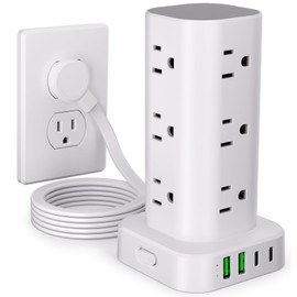 Torre de tira de alimentacin con mltiples tomas, protector de sobretensin de enchufe plano, cable de extensin con 12 salidas de CA, 4 puertos USB (2  