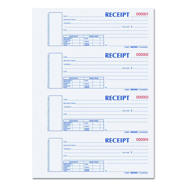 Blueline Rediform Hardcover Carbonless Numbered Money Receipt Book, 300 Duplicate Sets per Book (S1654NCR)
