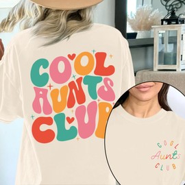 Wedsadl Aunt Shirt Cool Aunts Club T-Shirt for Women Auntie Oversized Graphic Shirts Funny Cute Heart Letter Print Tee Tops(Apricot,M)