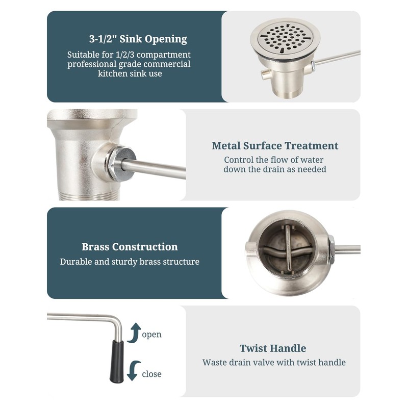 Phivan 3-1/2 Inch Commercial Sink Drain with Twist Handle Kitchen
