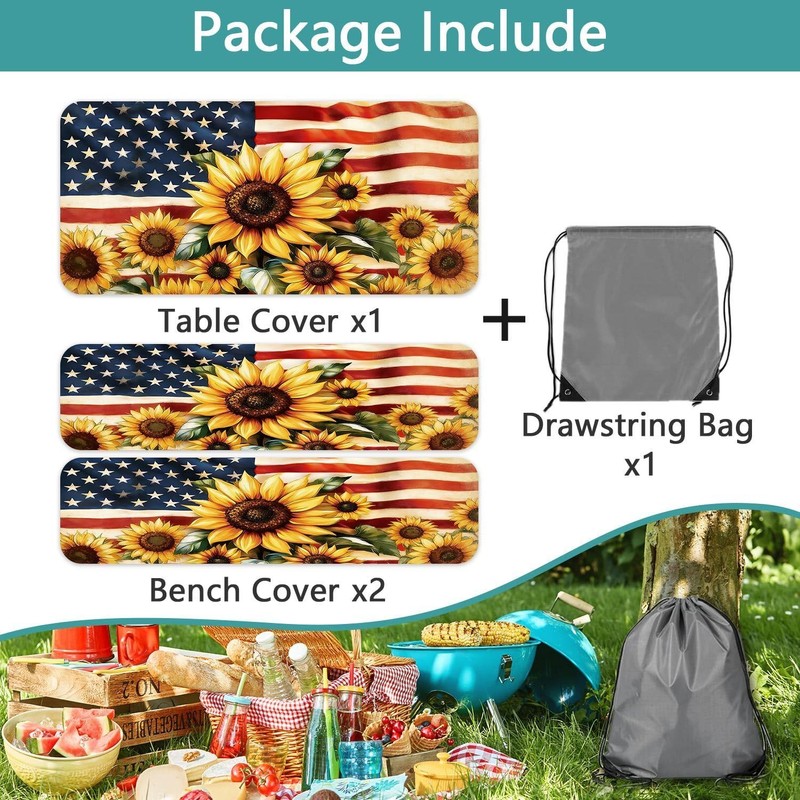 Picnic Table Cover with Bench Covers and Bag, American Flag