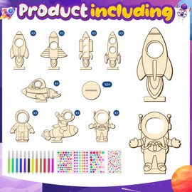 BAPHILE 24 Pcs Rocket Space Wooden Craft Kit Rocket for Painting,Unfinished Wood Cutouts Crafts,DIY Outer Space Birthday Party Decorations