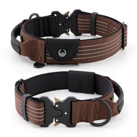 Plutus Pet Tactical Dog Collar with Tracker Pocket for AirTag, Adjustable Reflective Nylon Collar, Metal Buckle, Leather-Wrapped Handle, Soft Padded for Medium Large Dogs (Chocolate, L)